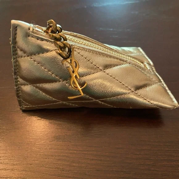 Saint Laurent Berlingo YSL Quilted Metallic Gold Leather Bag Charm Coin Purse - Picture 3 of 3